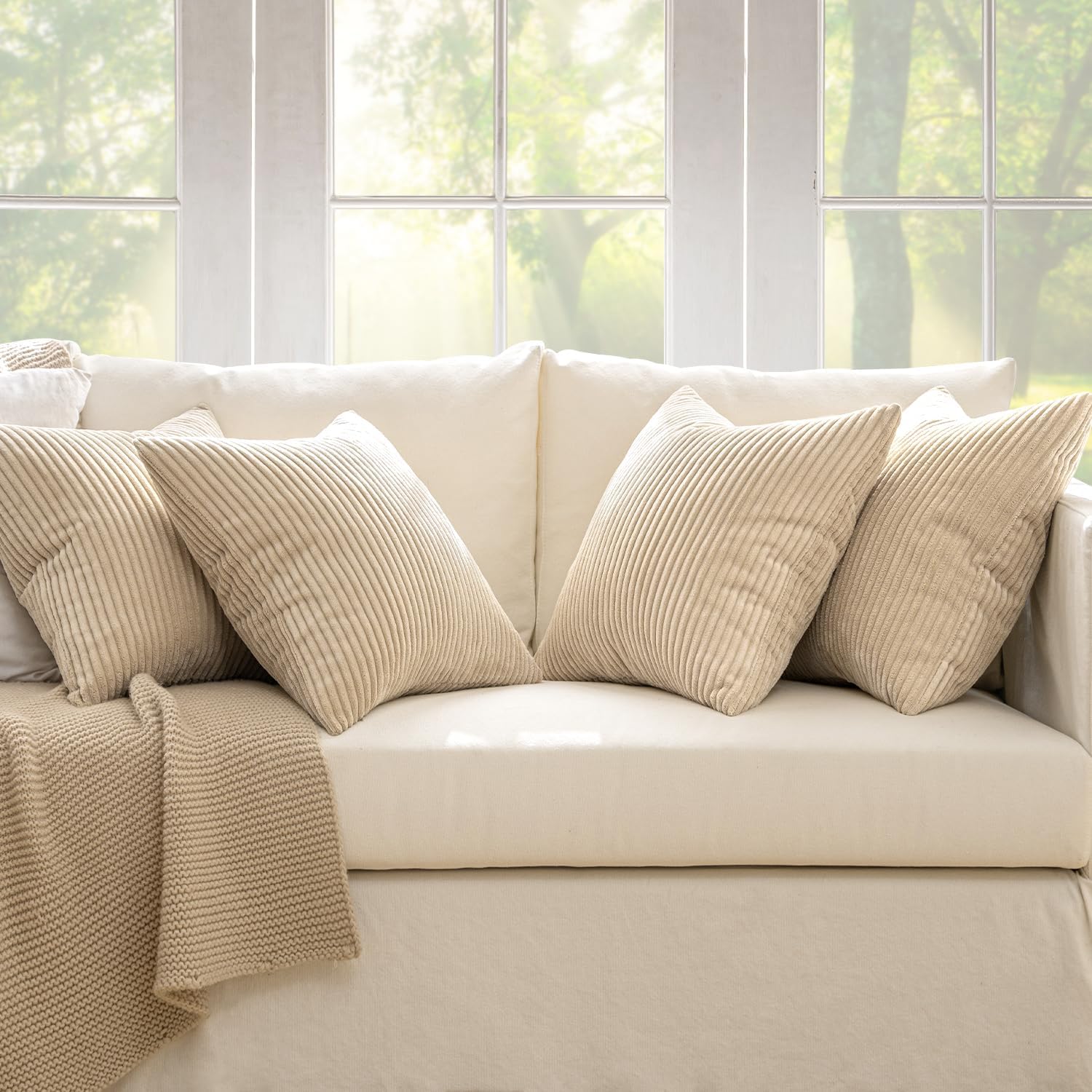 Boho Farmhouse Throw Pillow Covers 18x18 Inch Set of 4 Mordern Nordic Cushion Covers Soft Corduroy Spring Home Decor for Couch Bed Sofa Living Room Beige