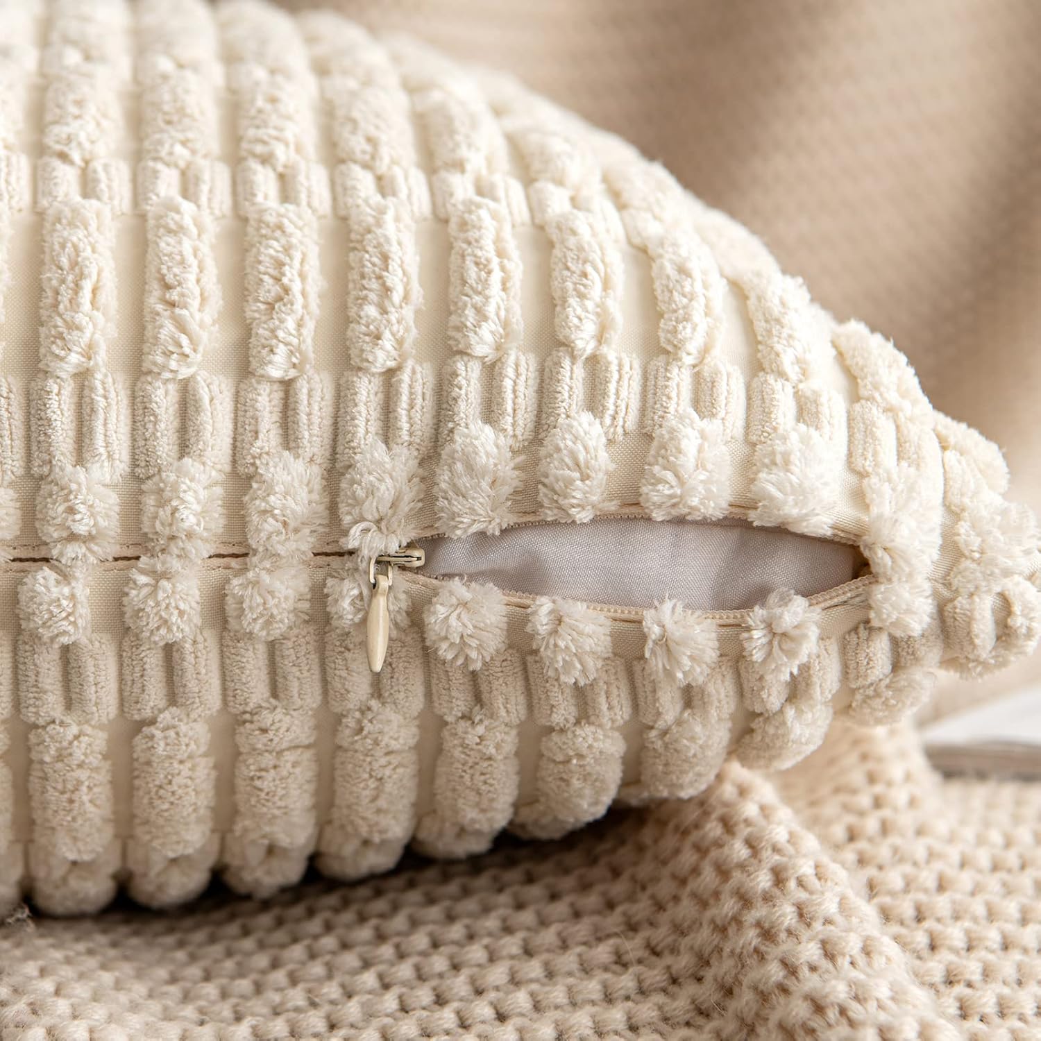 Pack of 2 Corduroy Decorative Throw Pillow Covers 12x12 Inch Soft Boho Striped Pillow Covers Modern Farmhouse Home Decor for Sofa Living Room Couch Bed Cream White