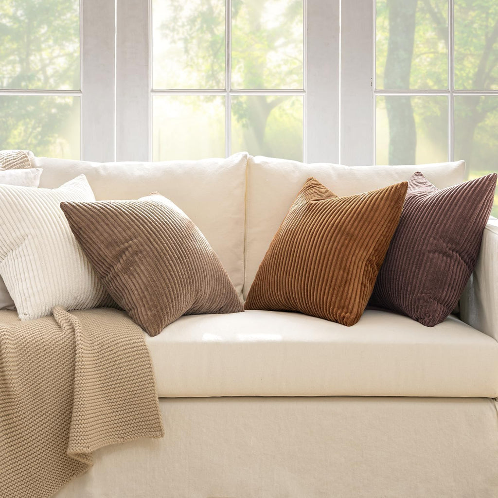 Boho Farmhouse Throw Pillow Covers 18x18 Inch Set of 4 Rustic Mordern Neutral Cushion Covers Soft Corduroy Nordic Home Decor for Couch Bed Sofa Living Room Brown