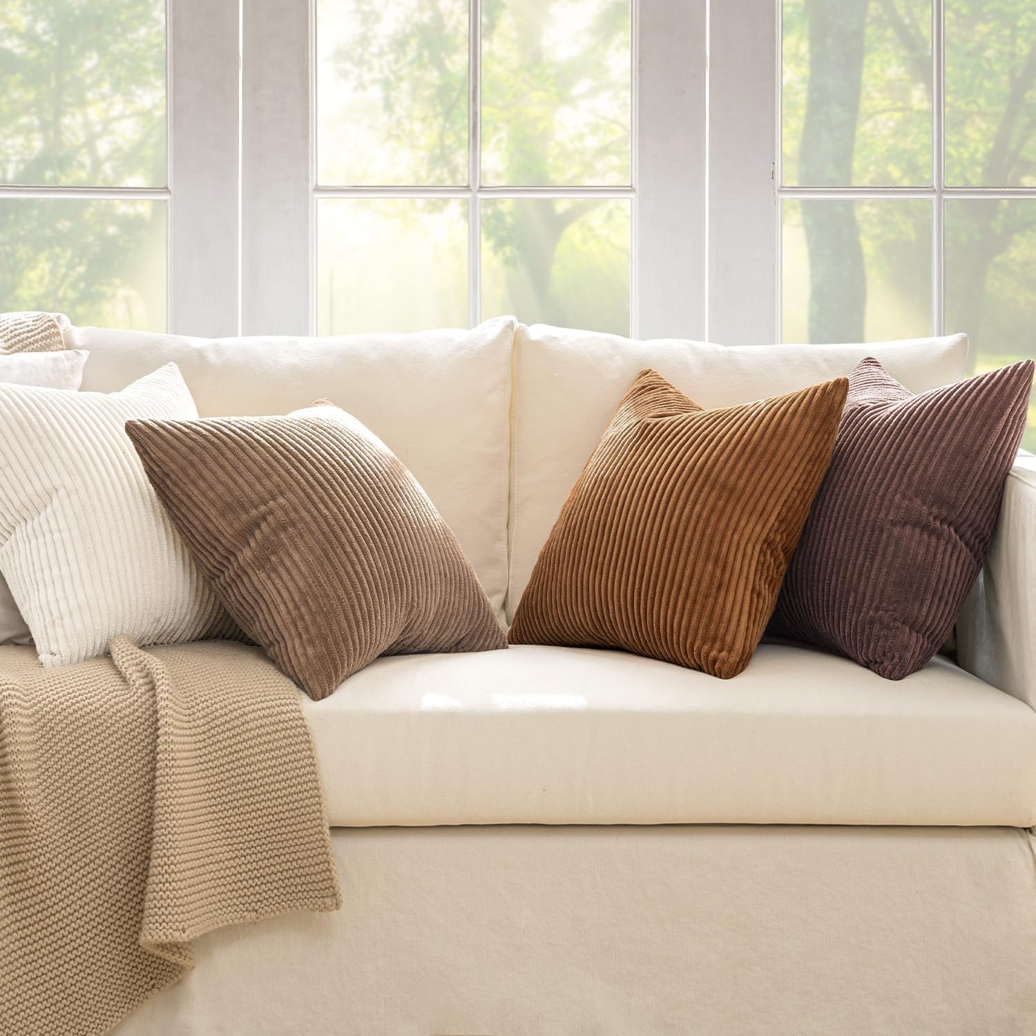 Boho Farmhouse Throw Pillow Covers 18x18 Inch Set of 4 Rustic Mordern Neutral Cushion Covers Soft Corduroy Nordic Home Decor for Couch Bed Sofa Living Room Brown