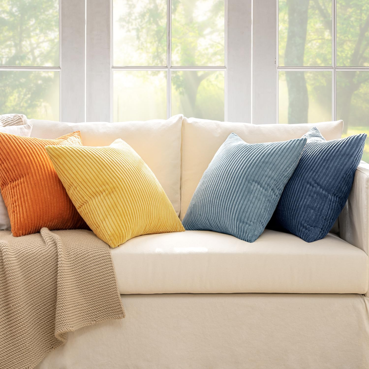 Pack of 4 Blue-Orange Corduroy Decorative Throw Pillow Covers 18x18 Inch Soft Boho Striped Pillow Covers Modern Farmhouse Home Decor for Summer Sofa Living Room Couch Bed