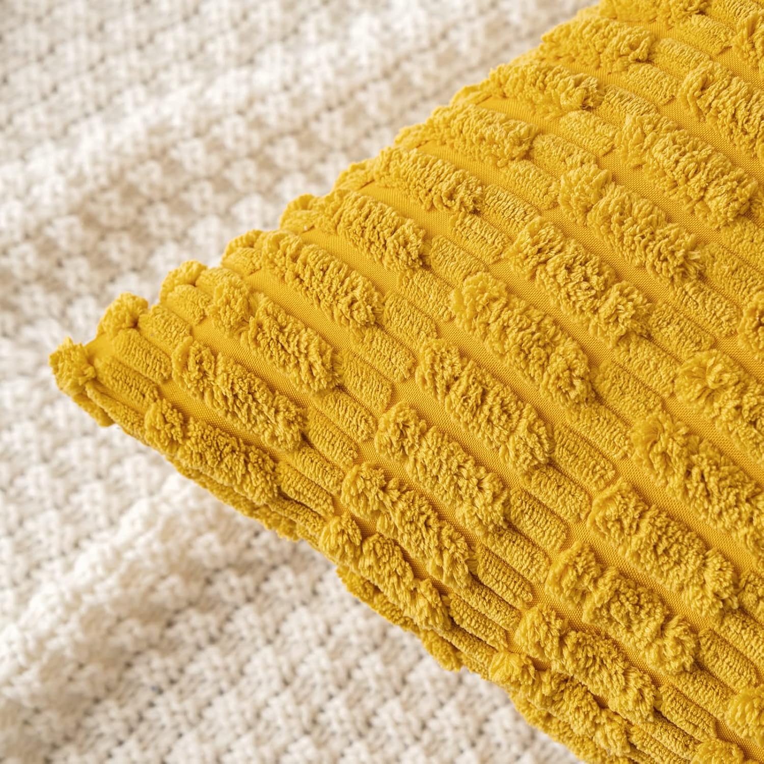 Pack of 2 Corduroy Decorative Throw Pillow Covers 12x12 Inch Soft Boho Striped Pillow Covers Modern Farmhouse Home Decor for Summer Sofa Living Room Couch Bed Mustard Yellow