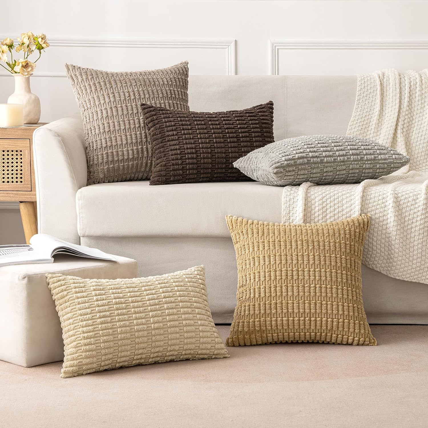 Pack of 2 Corduroy Decorative Throw Pillow Covers 12x12 Inch Soft Boho Striped Pillow Covers Modern Farmhouse Home Decor for Sofa Living Room Couch Bed Tan