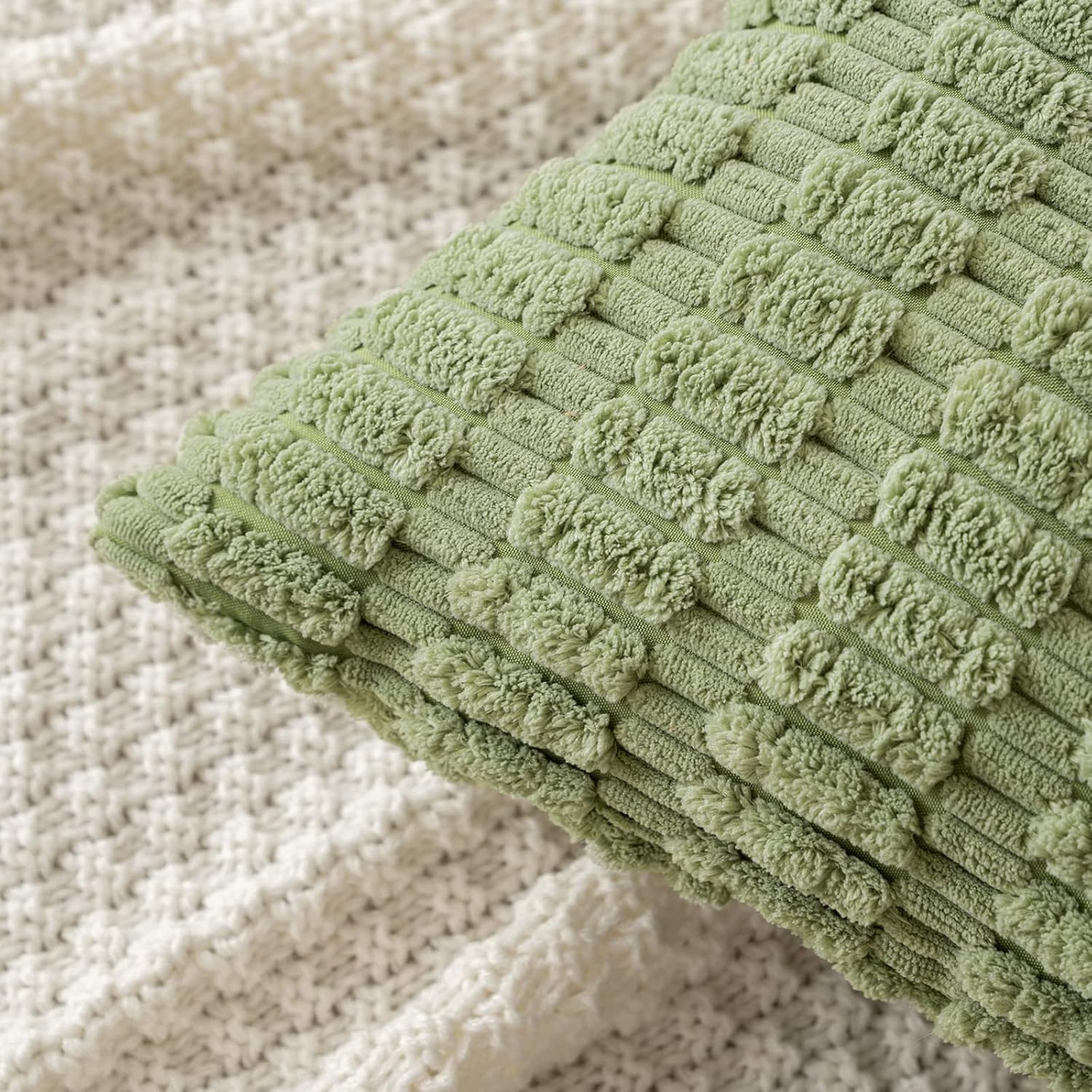 Pack of 2 Spring Corduroy Decorative Throw Pillow Covers 12x12 Inch Soft Boho Striped Pillow Covers Modern Farmhouse Home Decor for Summer Sofa Living Room Couch Bed Sage Green