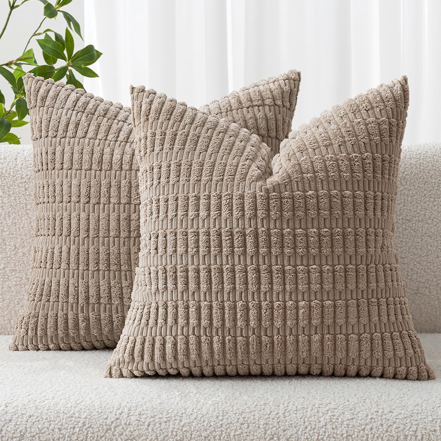 Pack of 2 Corduroy Decorative Throw Pillow Covers 12x12 Inch Soft Boho Striped Pillow Covers Modern Farmhouse Home Decor for Sofa Living Room Couch Bed Light Grey