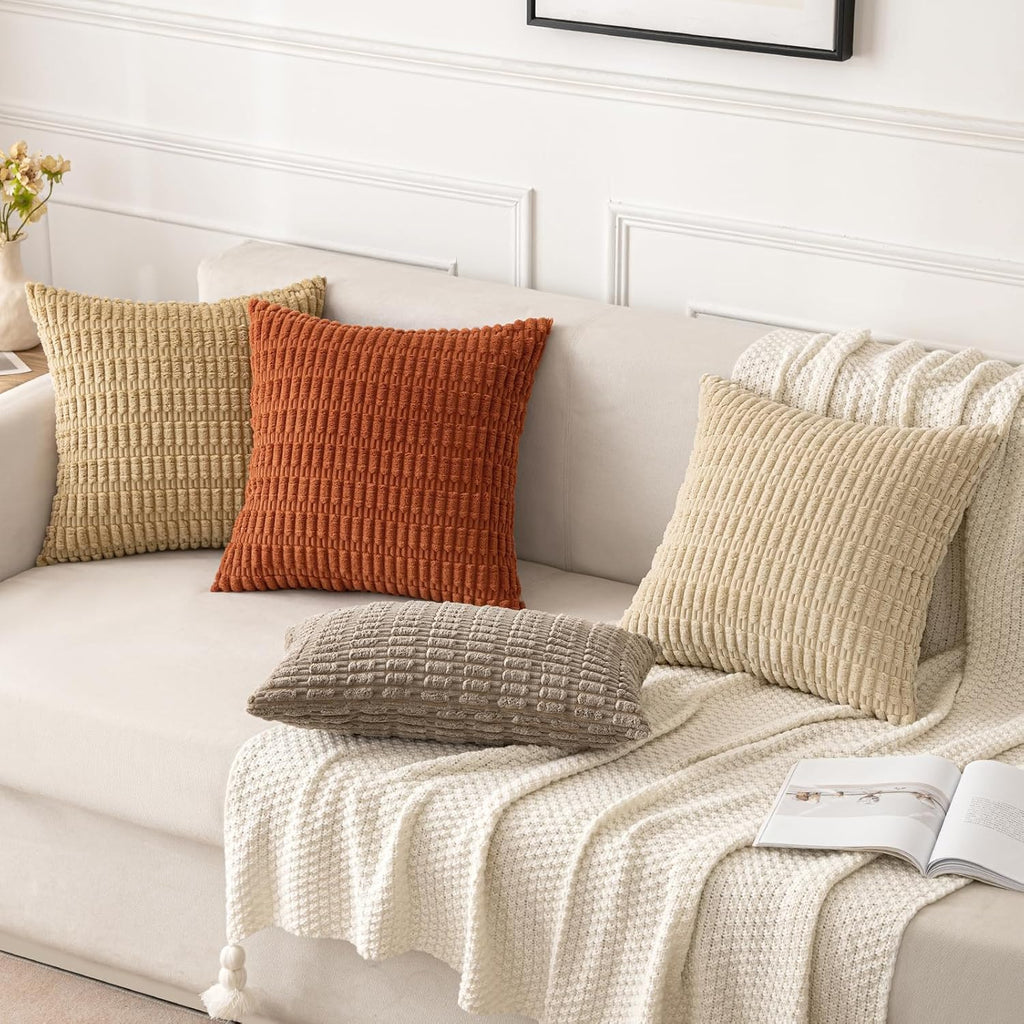 Pack of 2 Corduroy Decorative Throw Pillow Covers 12x12 Inch Soft Boho Striped Pillow Covers Modern Farmhouse Home Decor for Sofa Living Room Couch Bed Tan