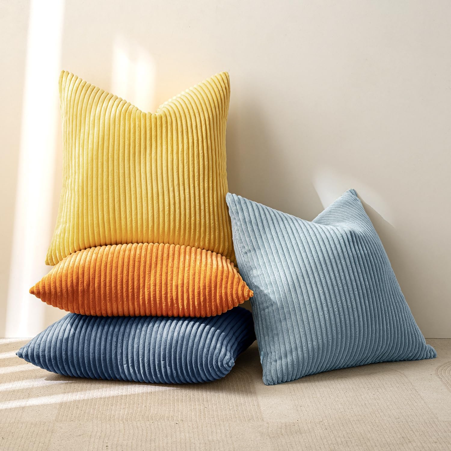 Pack of 4 Blue-Orange Corduroy Decorative Throw Pillow Covers 18x18 Inch Soft Boho Striped Pillow Covers Modern Farmhouse Home Decor for Summer Sofa Living Room Couch Bed