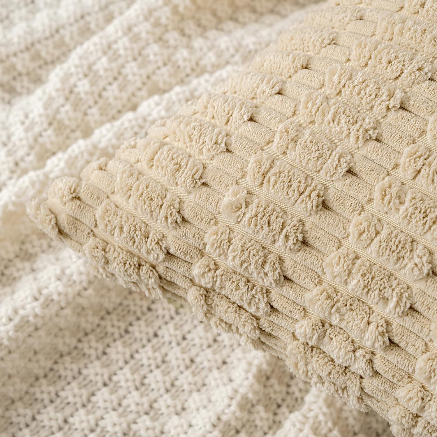 Pack of 2 Corduroy Decorative Throw Pillow Covers 12x12 Inch Soft Boho Striped Pillow Covers Modern Farmhouse Home Decor for Sofa Living Room Couch Bed Tan