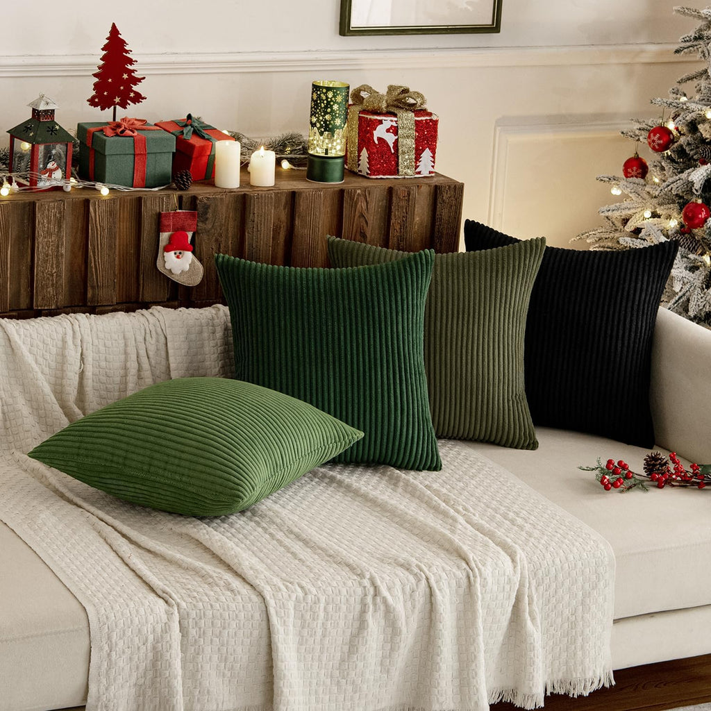 Boho Farmhouse Throw Pillow Covers 18x18 Inch Set of 4 Mordern Neutral Green Cushion Covers Soft Corduroy Nordic Home Decor for Spring Couch Bed Sofa Living Room Green-Black