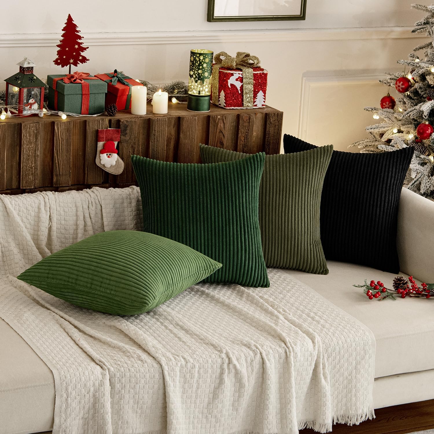 Boho Farmhouse Throw Pillow Covers 18x18 Inch Set of 4 Mordern Neutral Green Cushion Covers Soft Corduroy Nordic Home Decor for Spring Couch Bed Sofa Living Room Green-Black
