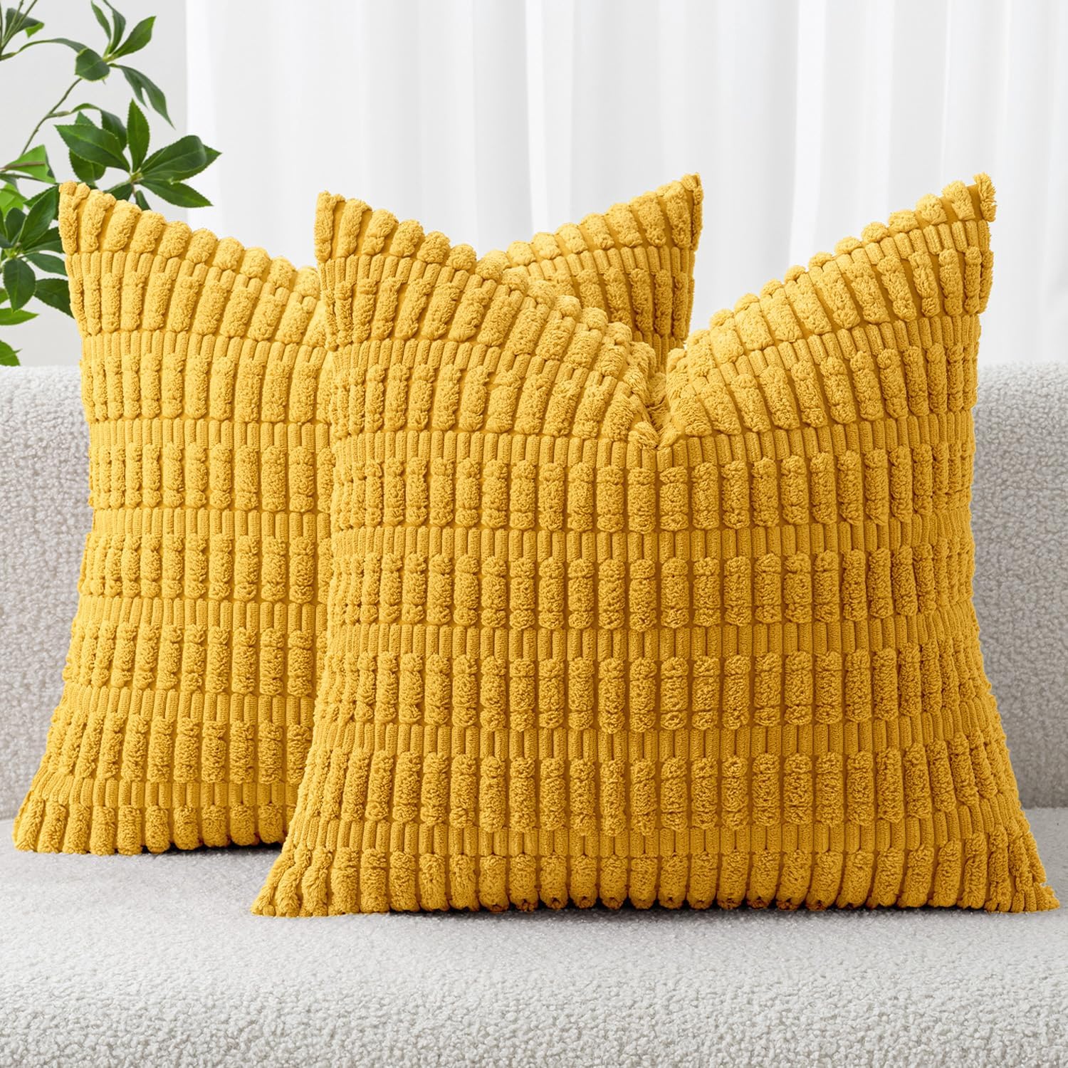 Pack of 2 Corduroy Decorative Throw Pillow Covers 12x12 Inch Soft Boho Striped Pillow Covers Modern Farmhouse Home Decor for Summer Sofa Living Room Couch Bed Mustard Yellow