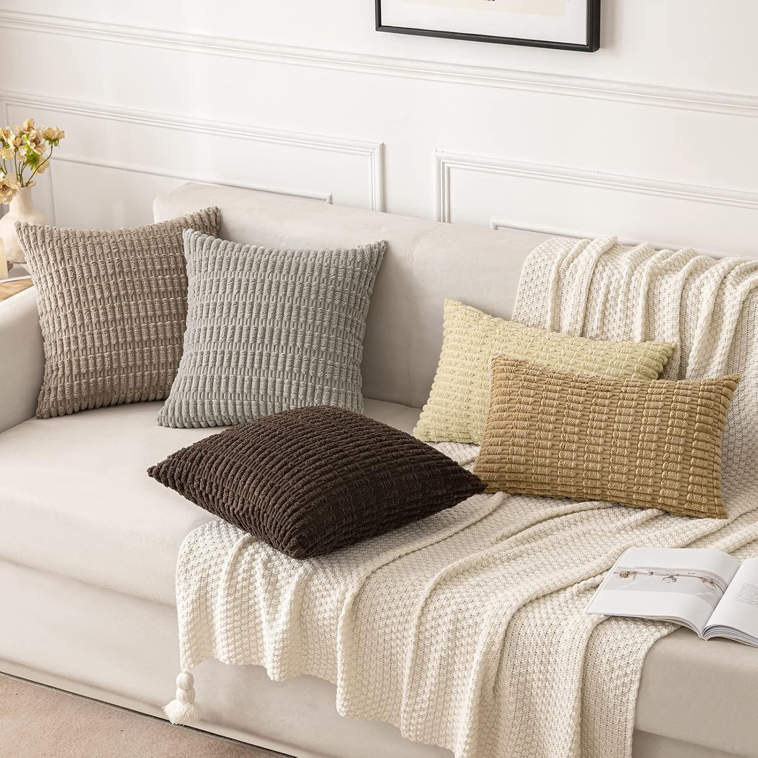 Pack of 2 Corduroy Decorative Throw Pillow Covers 12x12 Inch Soft Boho Striped Pillow Covers Modern Farmhouse Home Decor for Sofa Living Room Couch Bed Light Grey