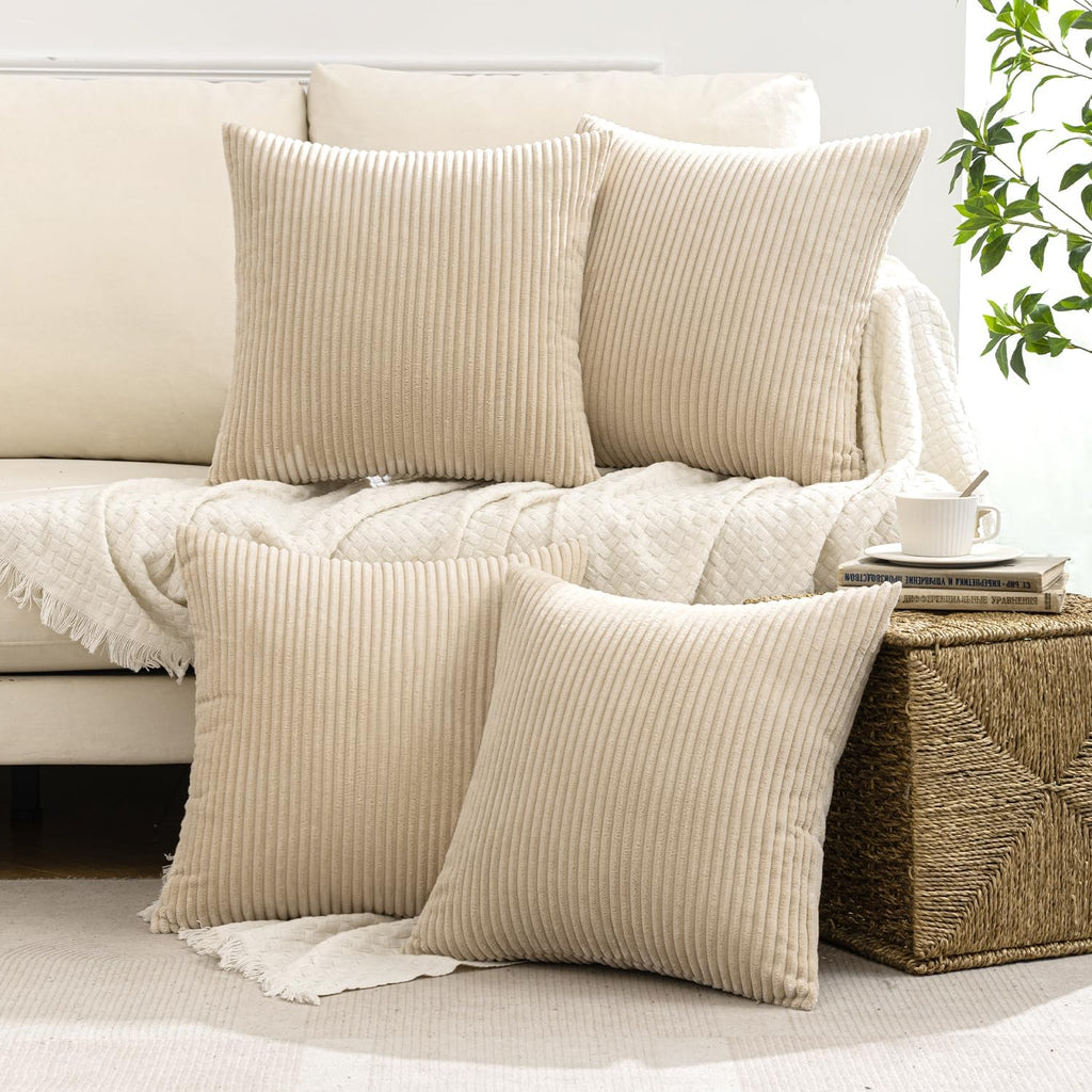 Boho Farmhouse Throw Pillow Covers 18x18 Inch Set of 4 Mordern Nordic Cushion Covers Soft Corduroy Spring Home Decor for Couch Bed Sofa Living Room Beige