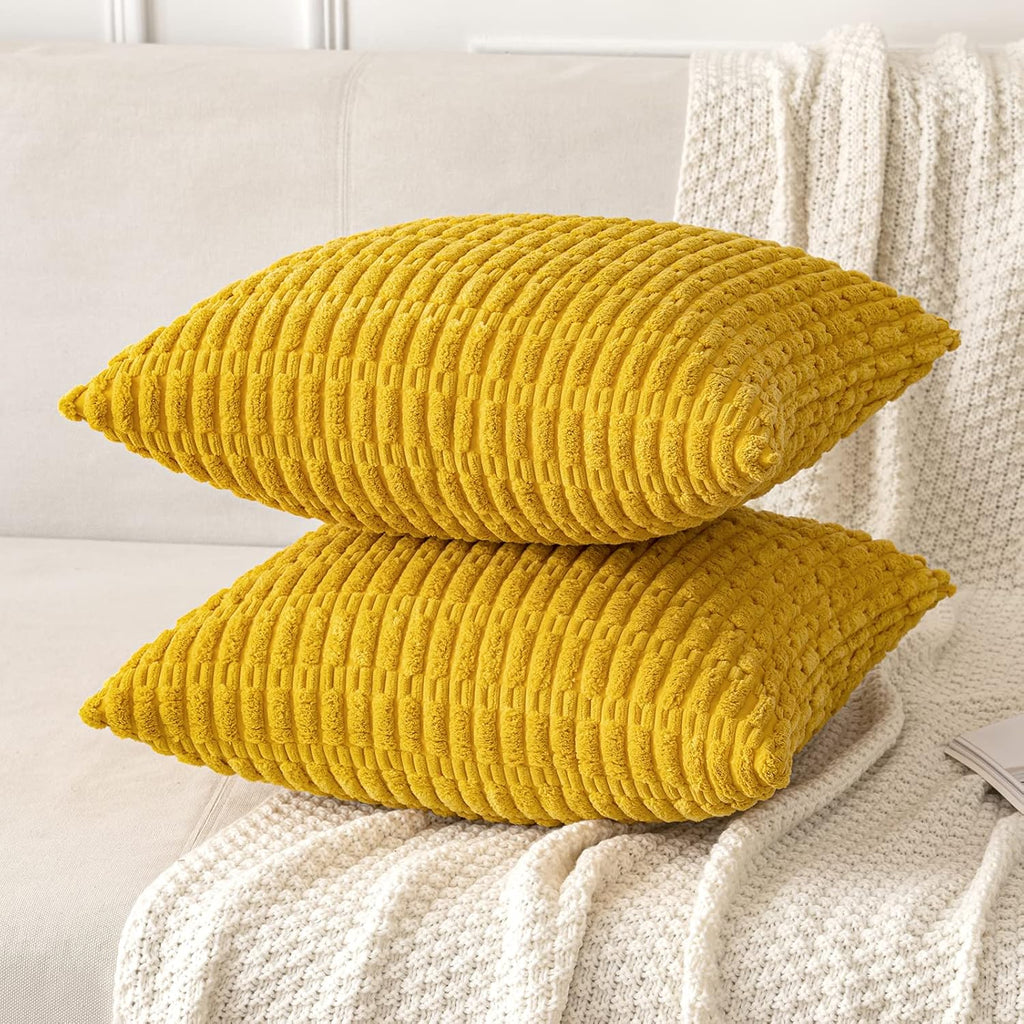 Pack of 2 Corduroy Decorative Throw Pillow Covers 12x12 Inch Soft Boho Striped Pillow Covers Modern Farmhouse Home Decor for Summer Sofa Living Room Couch Bed Mustard Yellow