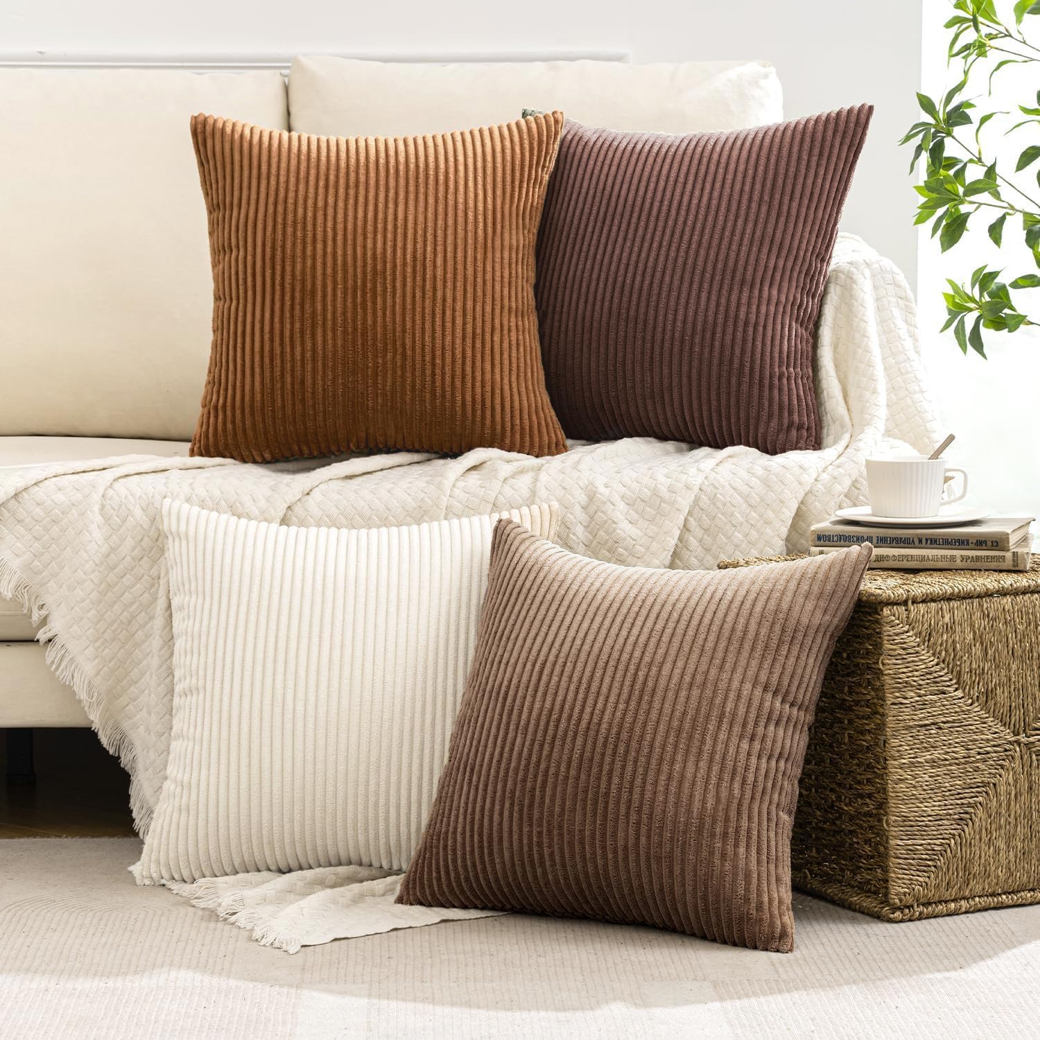 Boho Farmhouse Throw Pillow Covers 18x18 Inch Set of 4 Rustic Mordern Neutral Cushion Covers Soft Corduroy Nordic Home Decor for Couch Bed Sofa Living Room Brown