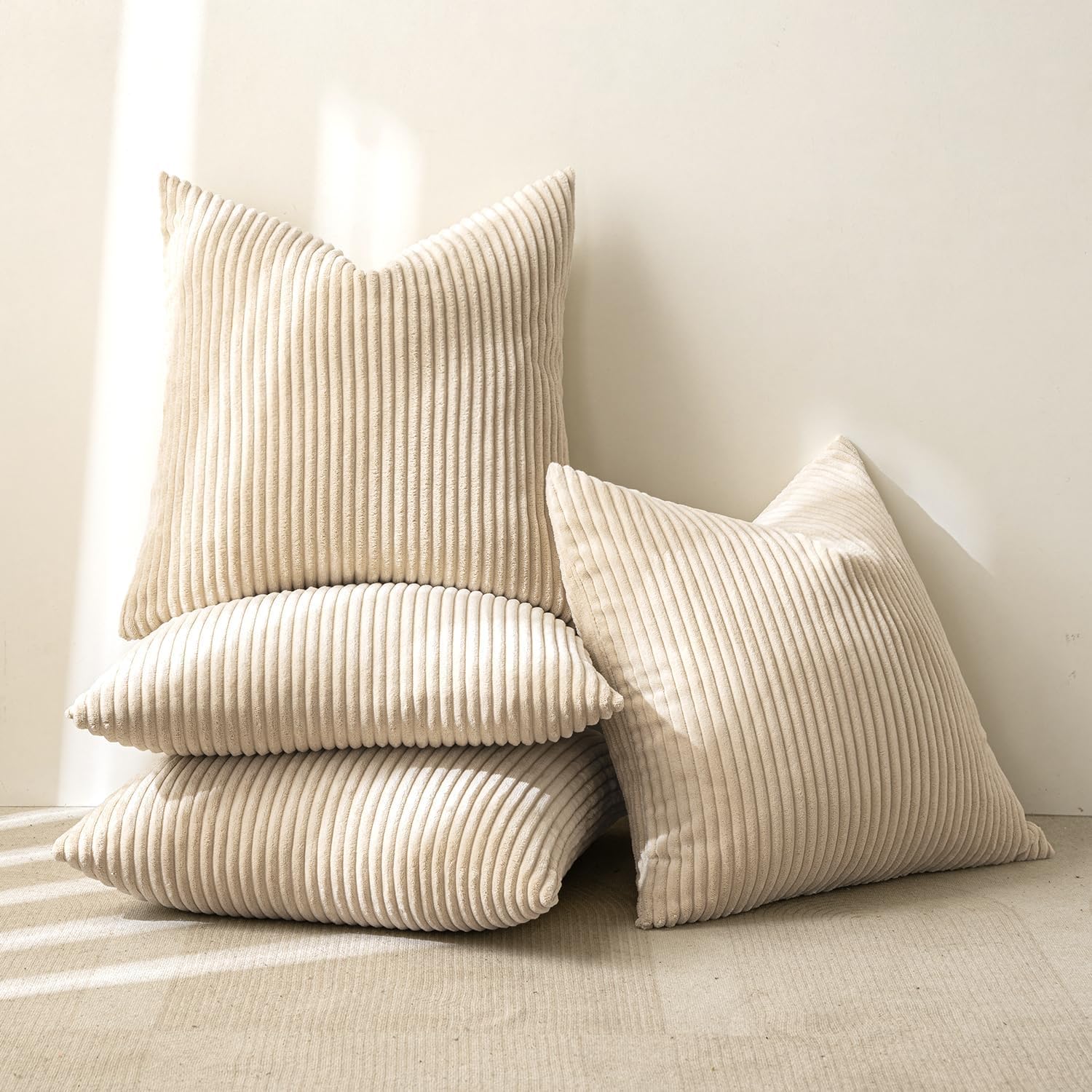 Boho Farmhouse Throw Pillow Covers 18x18 Inch Set of 4 Mordern Nordic Cushion Covers Soft Corduroy Spring Home Decor for Couch Bed Sofa Living Room Beige