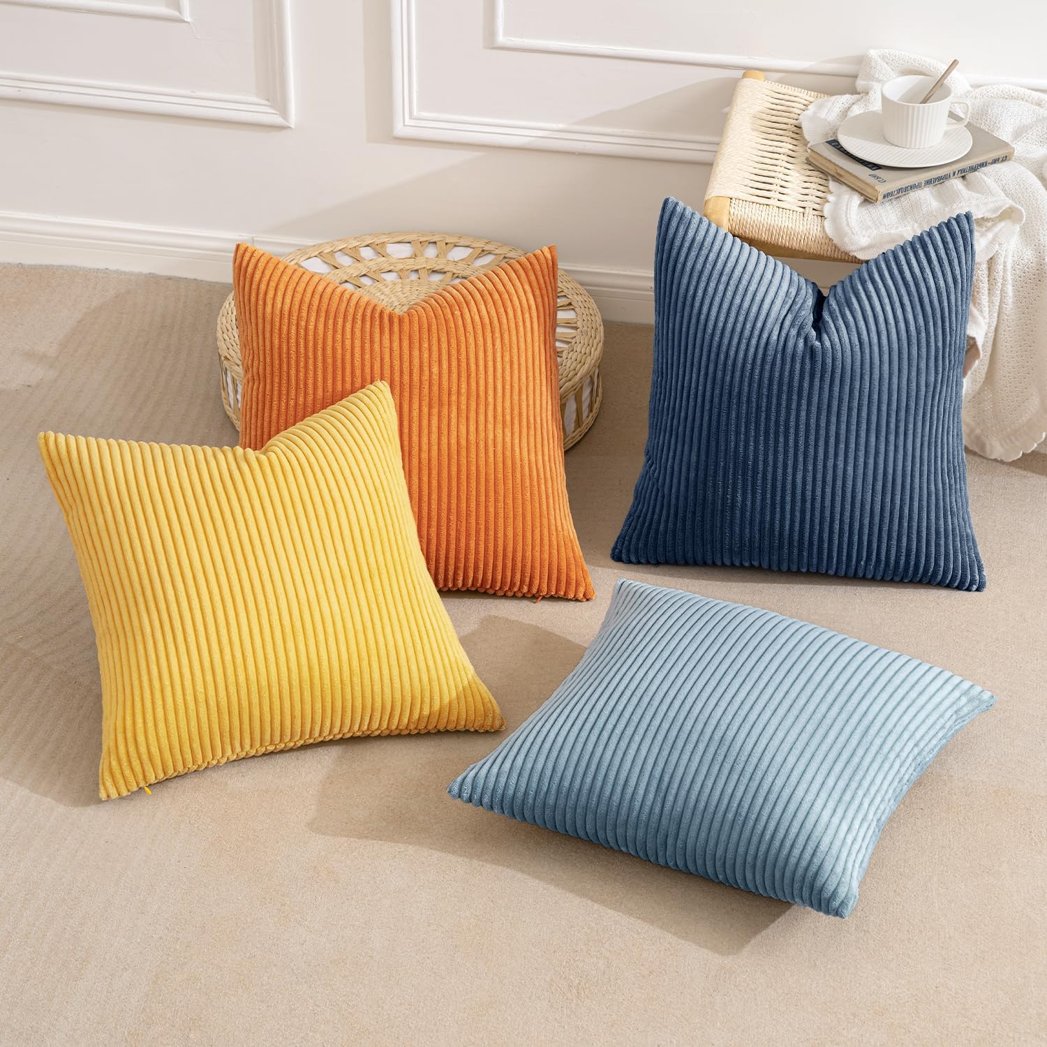 Pack of 4 Blue-Orange Corduroy Decorative Throw Pillow Covers 18x18 Inch Soft Boho Striped Pillow Covers Modern Farmhouse Home Decor for Summer Sofa Living Room Couch Bed