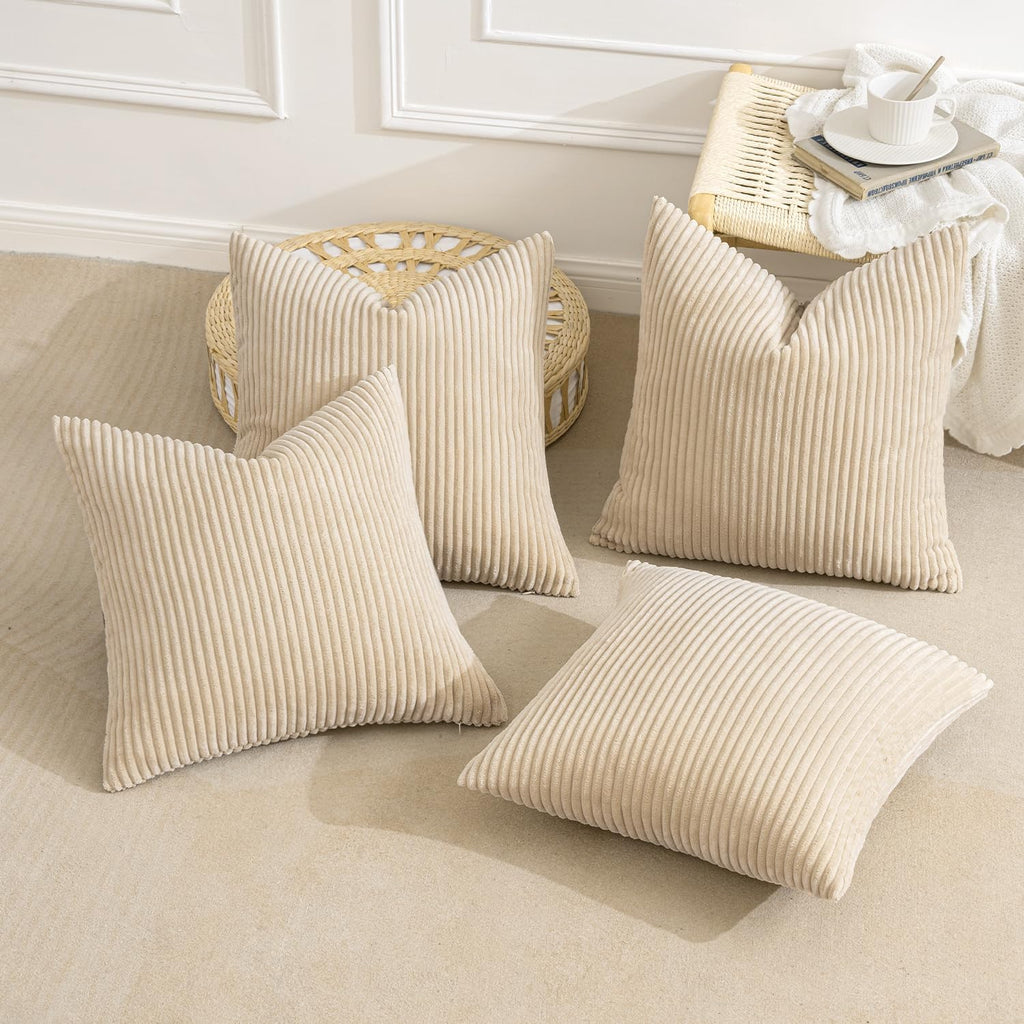 Boho Farmhouse Throw Pillow Covers 18x18 Inch Set of 4 Mordern Nordic Cushion Covers Soft Corduroy Spring Home Decor for Couch Bed Sofa Living Room Beige