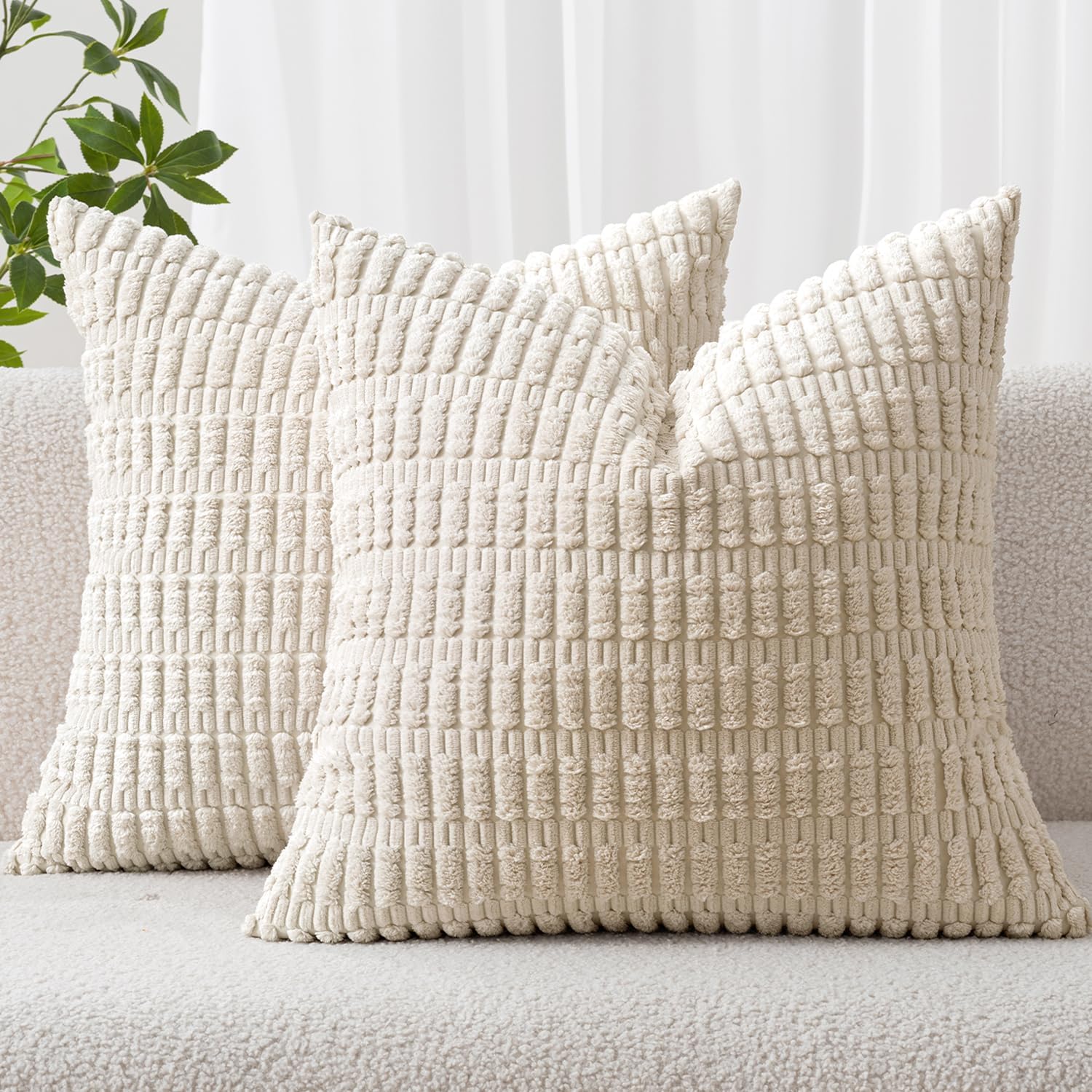 Pack of 2 Corduroy Decorative Throw Pillow Covers 12x12 Inch Soft Boho Striped Pillow Covers Modern Farmhouse Home Decor for Sofa Living Room Couch Bed Cream White