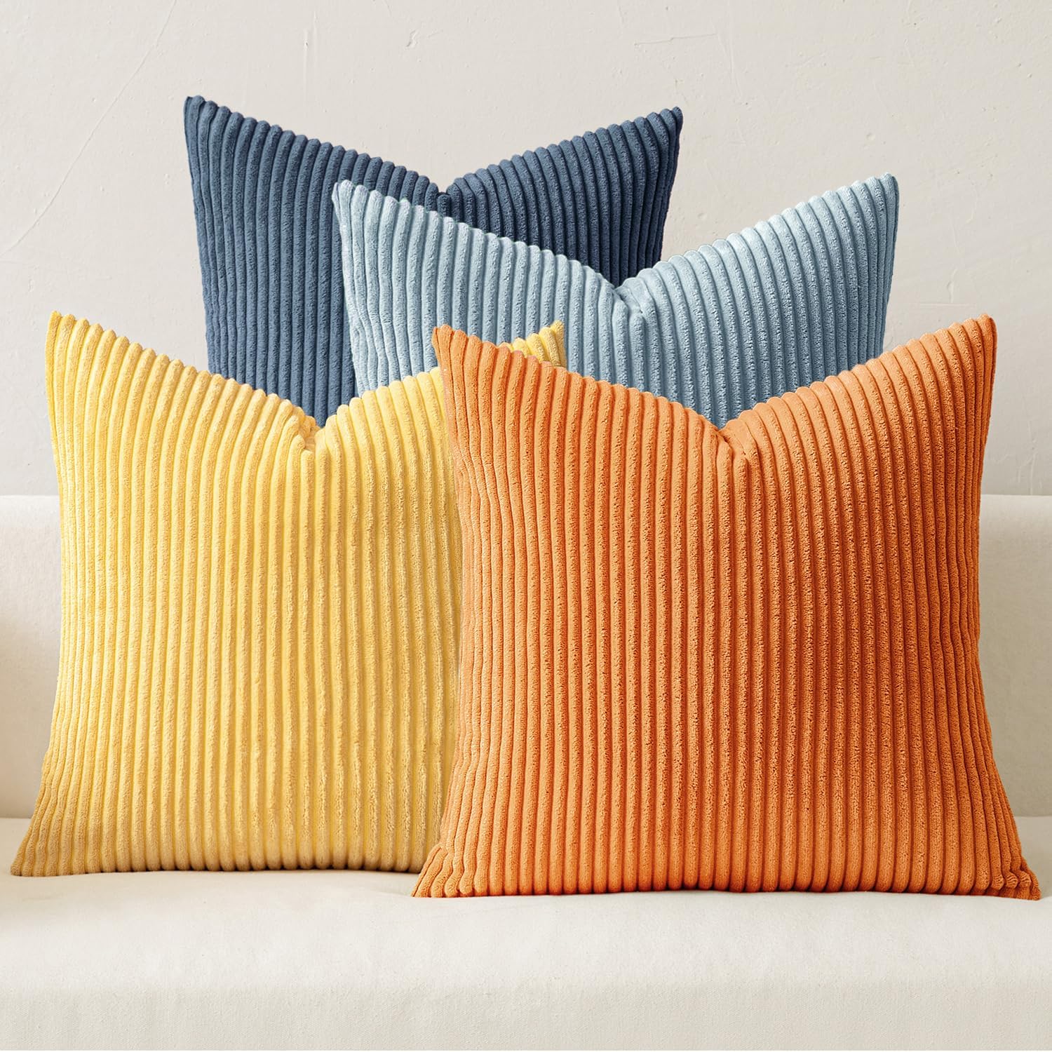 Pack of 4 Blue-Orange Corduroy Decorative Throw Pillow Covers 18x18 Inch Soft Boho Striped Pillow Covers Modern Farmhouse Home Decor for Summer Sofa Living Room Couch Bed