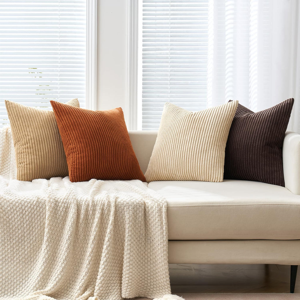 Boho Farmhouse Throw Pillow Covers 18x18 Inch Set of 4 Rustic Mordern Neutral Cushion Covers Soft Corduroy Nordic Home Decor for Couch Bed Sofa Living Room Chocolate Brown/Rust