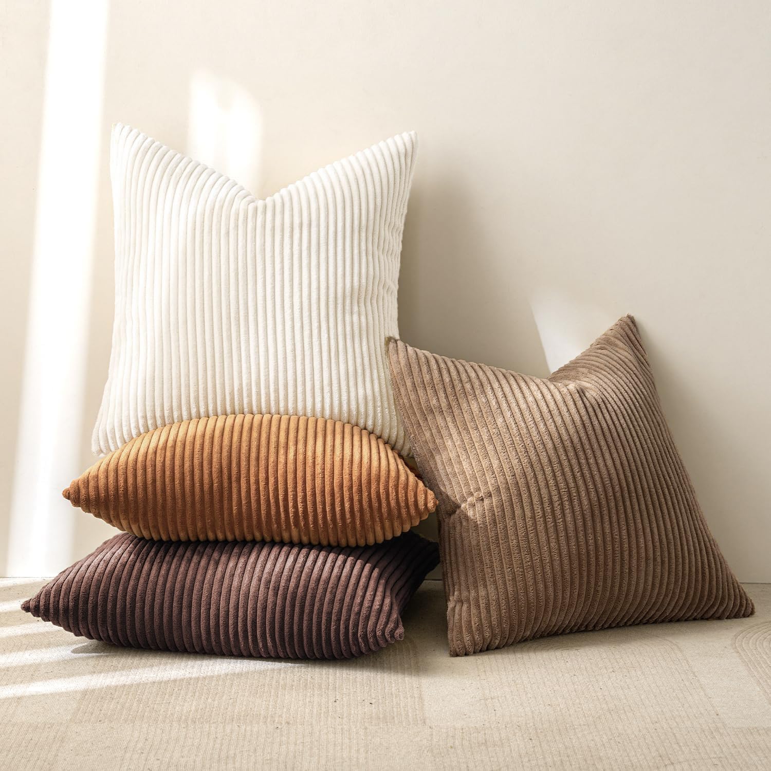 Boho Farmhouse Throw Pillow Covers 18x18 Inch Set of 4 Rustic Mordern Neutral Cushion Covers Soft Corduroy Nordic Home Decor for Couch Bed Sofa Living Room Brown