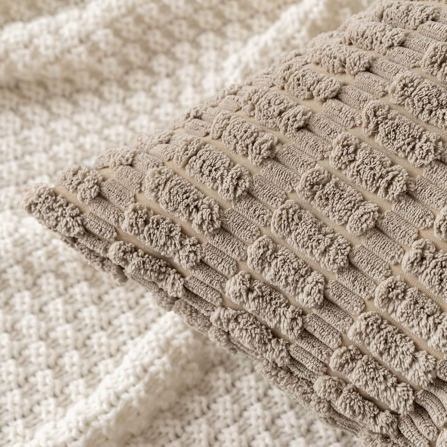 Pack of 2 Corduroy Decorative Throw Pillow Covers 12x12 Inch Soft Boho Striped Pillow Covers Modern Farmhouse Home Decor for Sofa Living Room Couch Bed Light Grey