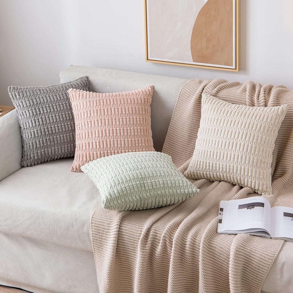 Pack of 2 Corduroy Decorative Throw Pillow Covers 12x12 Inch Soft Boho Striped Pillow Covers Modern Farmhouse Home Decor for Sofa Living Room Couch Bed Cream White