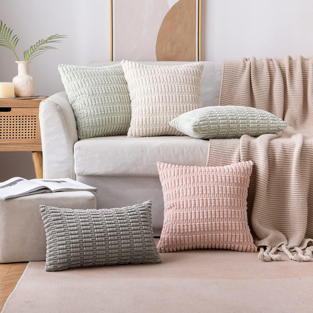 Pack of 2 Corduroy Decorative Throw Pillow Covers 12x12 Inch Soft Boho Striped Pillow Covers Modern Farmhouse Home Decor for Sofa Living Room Couch Bed Cream White