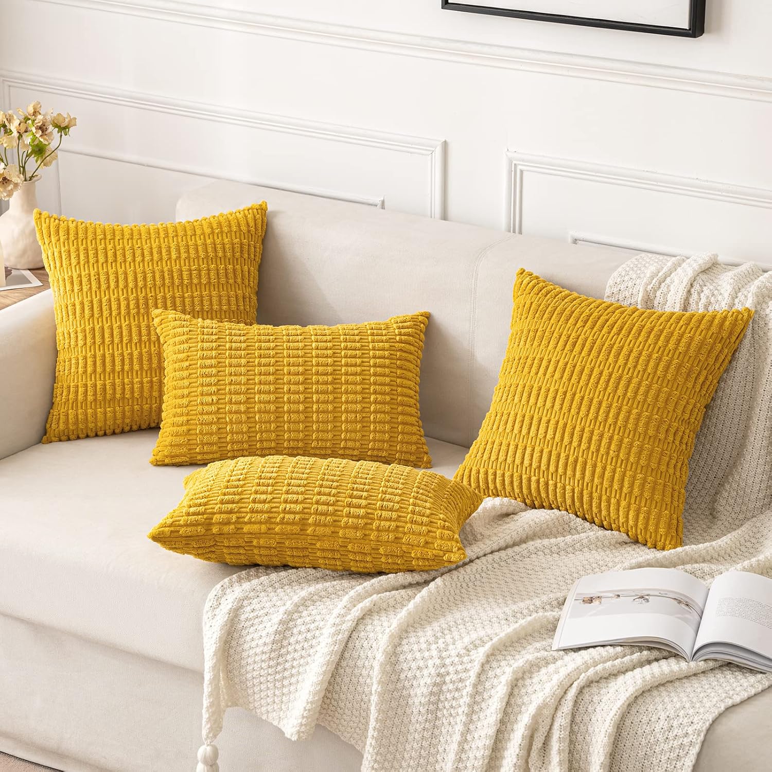 Pack of 2 Corduroy Decorative Throw Pillow Covers 12x12 Inch Soft Boho Striped Pillow Covers Modern Farmhouse Home Decor for Summer Sofa Living Room Couch Bed Mustard Yellow