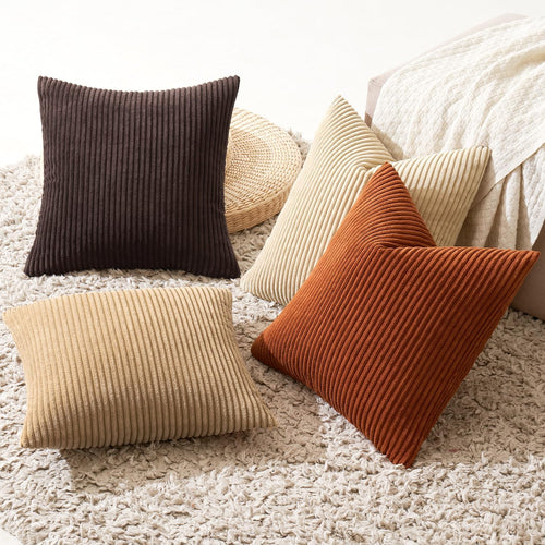 Boho Farmhouse Throw Pillow Covers 18x18 Inch Set of 4 Rustic Mordern Neutral Cushion Covers Soft Corduroy Nordic Home Decor for Couch Bed Sofa Living Room Chocolate Brown/Rust