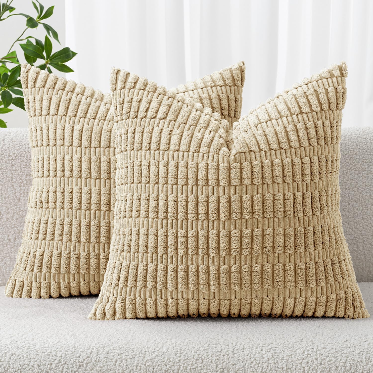 Pack of 2 Corduroy Decorative Throw Pillow Covers 12x12 Inch Soft Boho Striped Pillow Covers Modern Farmhouse Home Decor for Sofa Living Room Couch Bed Tan