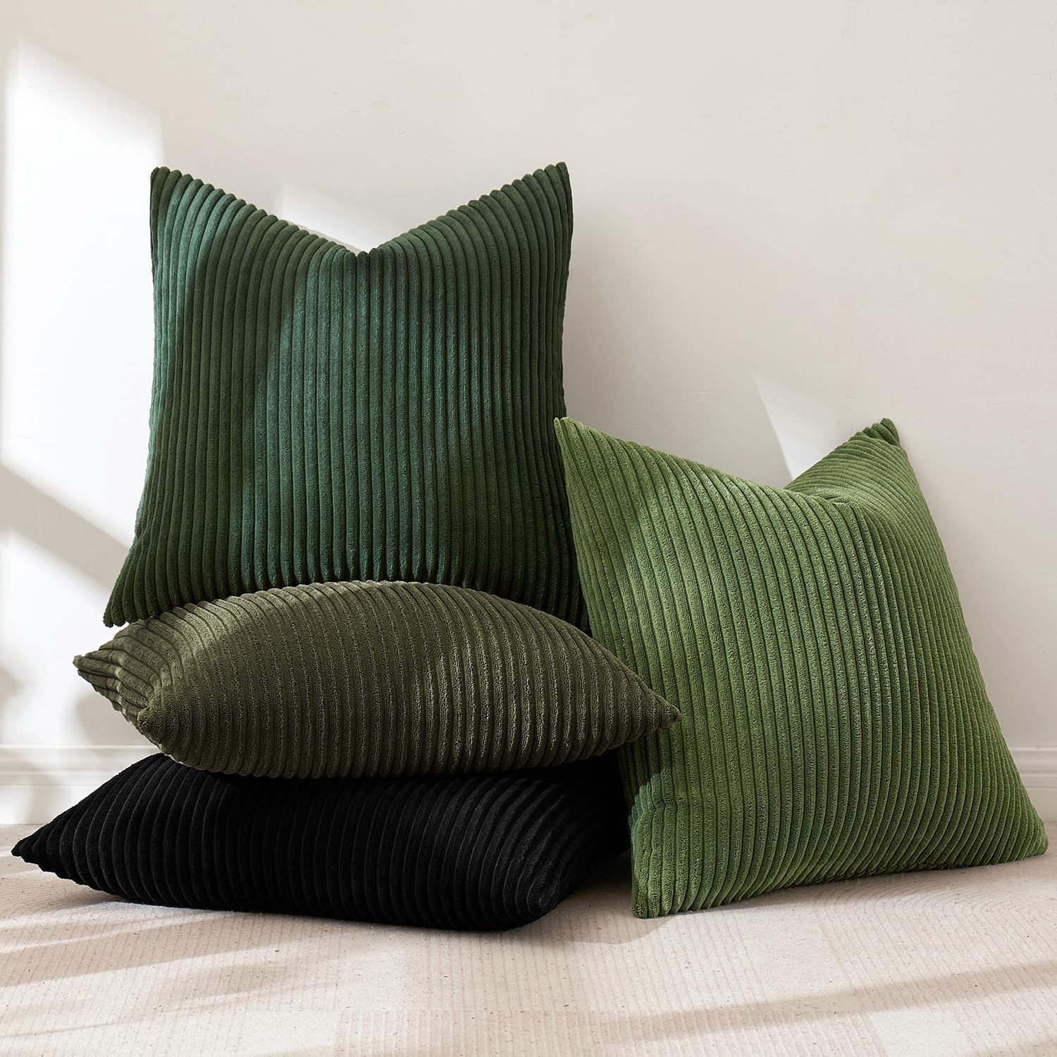 Boho Farmhouse Throw Pillow Covers 18x18 Inch Set of 4 Mordern Neutral Green Cushion Covers Soft Corduroy Nordic Home Decor for Spring Couch Bed Sofa Living Room Green-Black