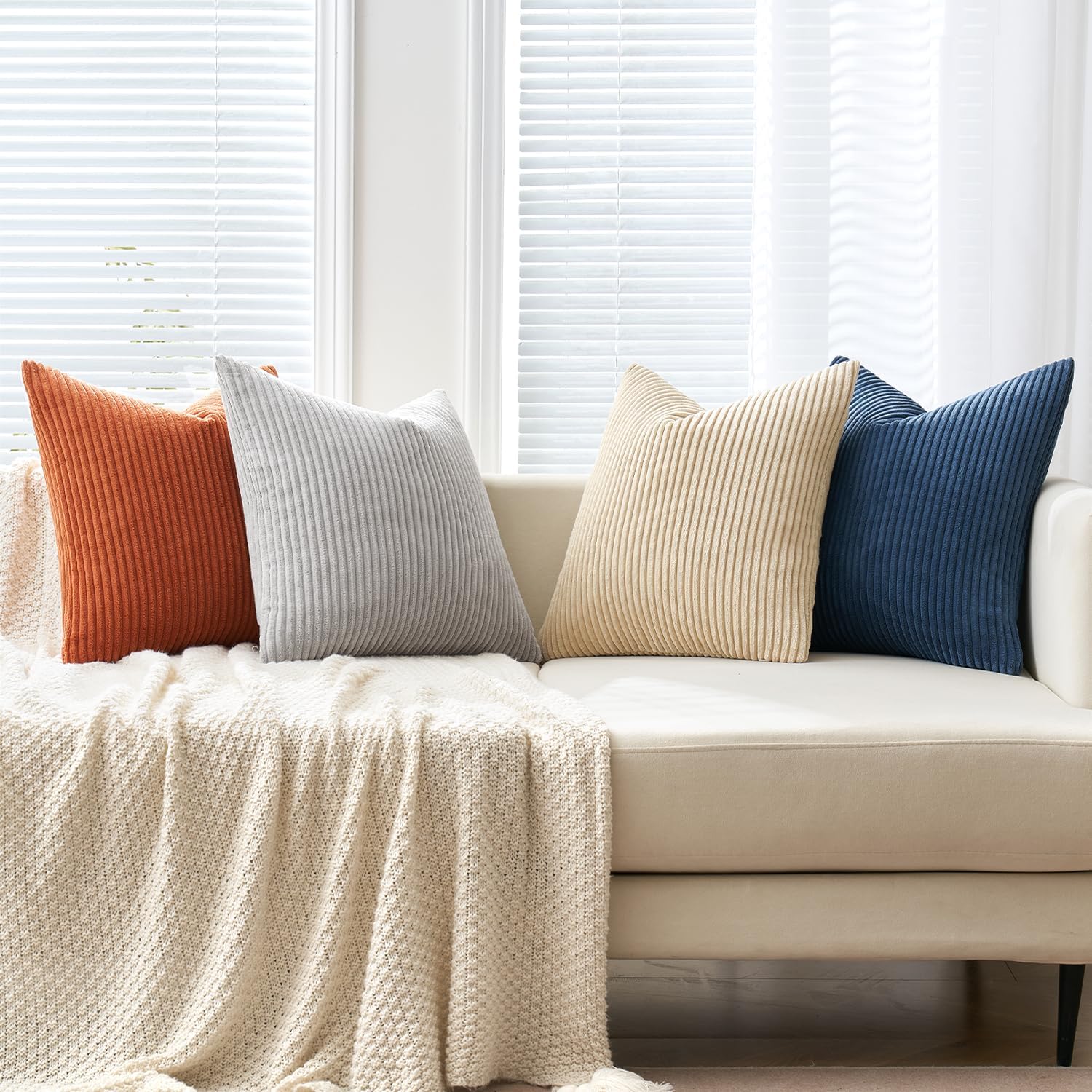 Boho Farmhouse Throw Pillow Covers 18x18 Inch Set of 4 Summer Mordern Neutral Cushion Covers Soft Corduroy Nordic Home Decor for Couch Bed Sofa Living Room Blue-Yellow