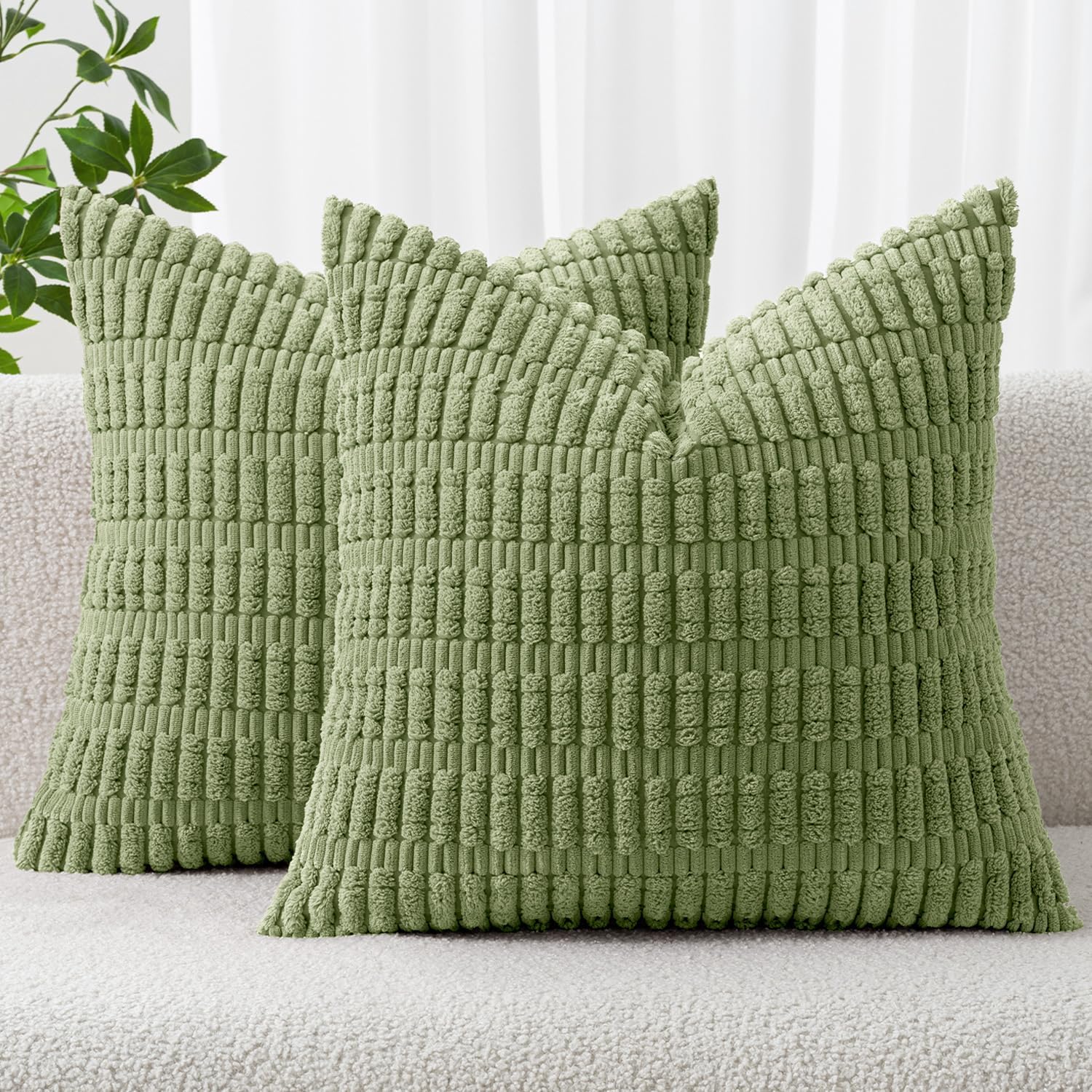 Pack of 2 Spring Corduroy Decorative Throw Pillow Covers 12x12 Inch Soft Boho Striped Pillow Covers Modern Farmhouse Home Decor for Summer Sofa Living Room Couch Bed Sage Green
