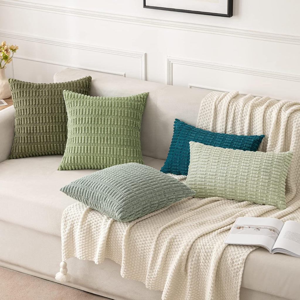 Pack of 2 Spring Corduroy Decorative Throw Pillow Covers 12x12 Inch Soft Boho Striped Pillow Covers Modern Farmhouse Home Decor for Summer Sofa Living Room Couch Bed Sage Green