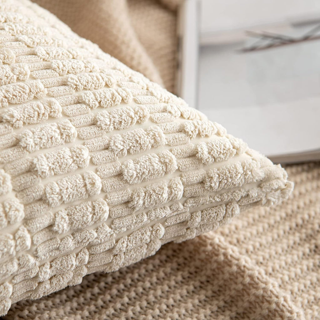 Pack of 2 Corduroy Decorative Throw Pillow Covers 12x12 Inch Soft Boho Striped Pillow Covers Modern Farmhouse Home Decor for Sofa Living Room Couch Bed Cream White