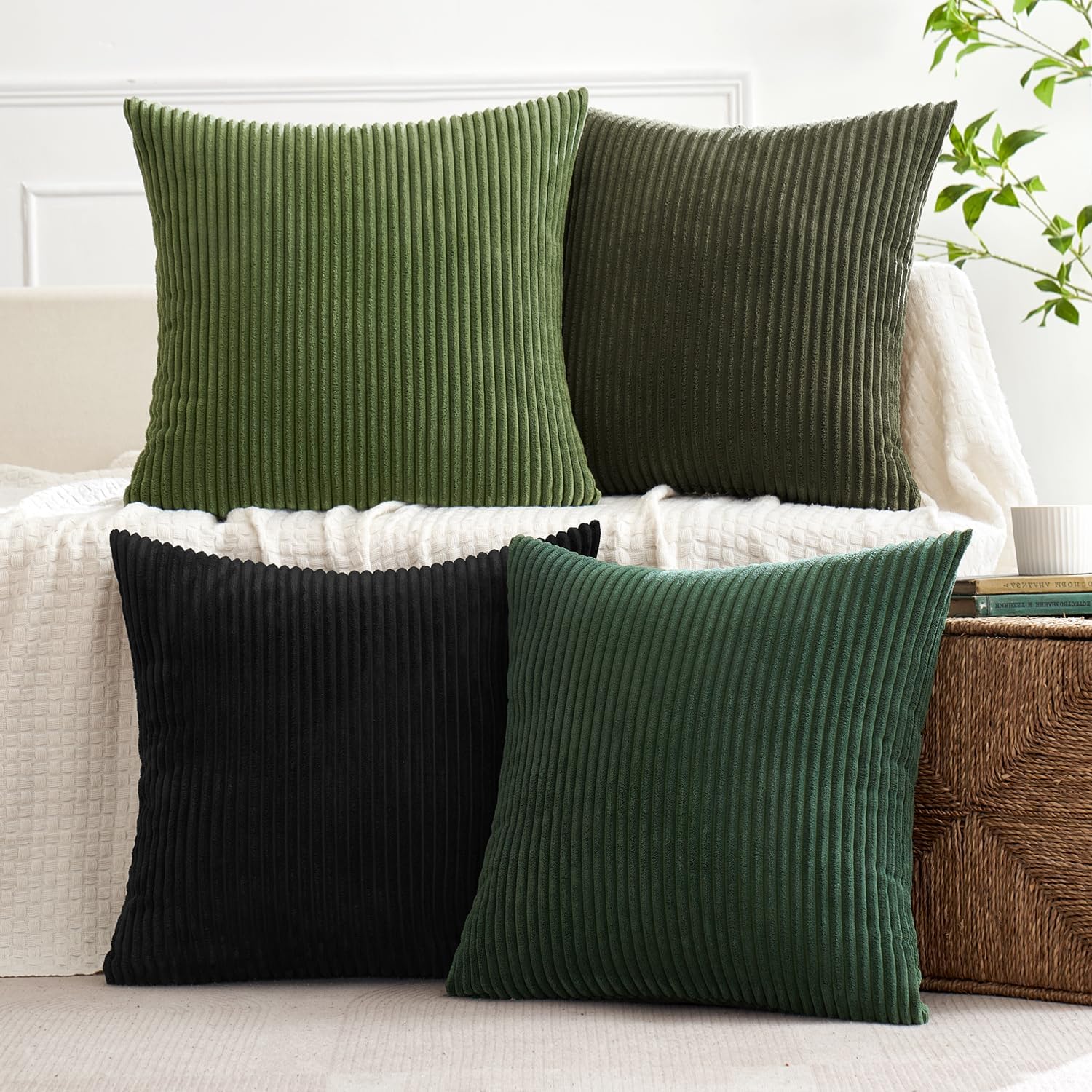 Boho Farmhouse Throw Pillow Covers 18x18 Inch Set of 4 Mordern Neutral Green Cushion Covers Soft Corduroy Nordic Home Decor for Spring Couch Bed Sofa Living Room Green-Black