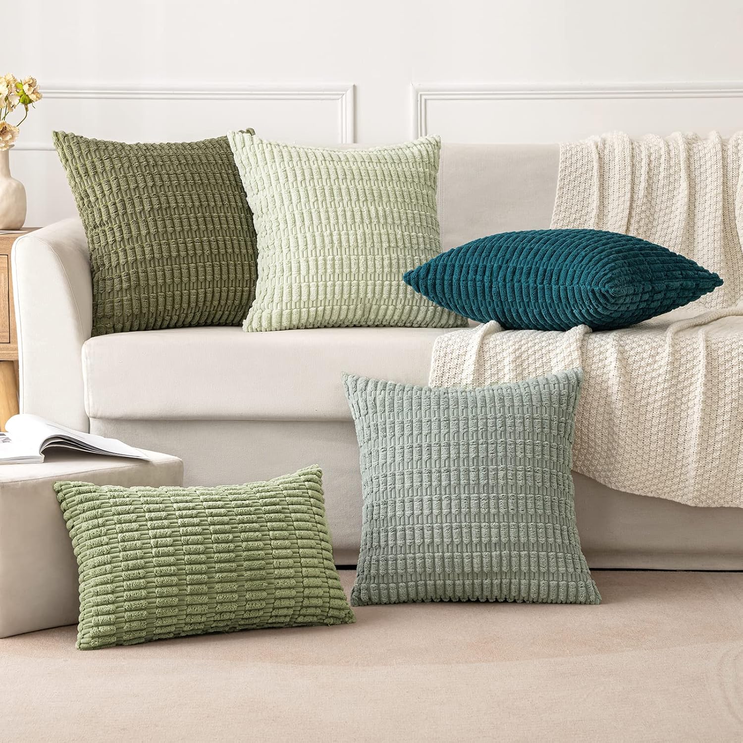 Pack of 2 Spring Corduroy Decorative Throw Pillow Covers 12x12 Inch Soft Boho Striped Pillow Covers Modern Farmhouse Home Decor for Summer Sofa Living Room Couch Bed Sage Green