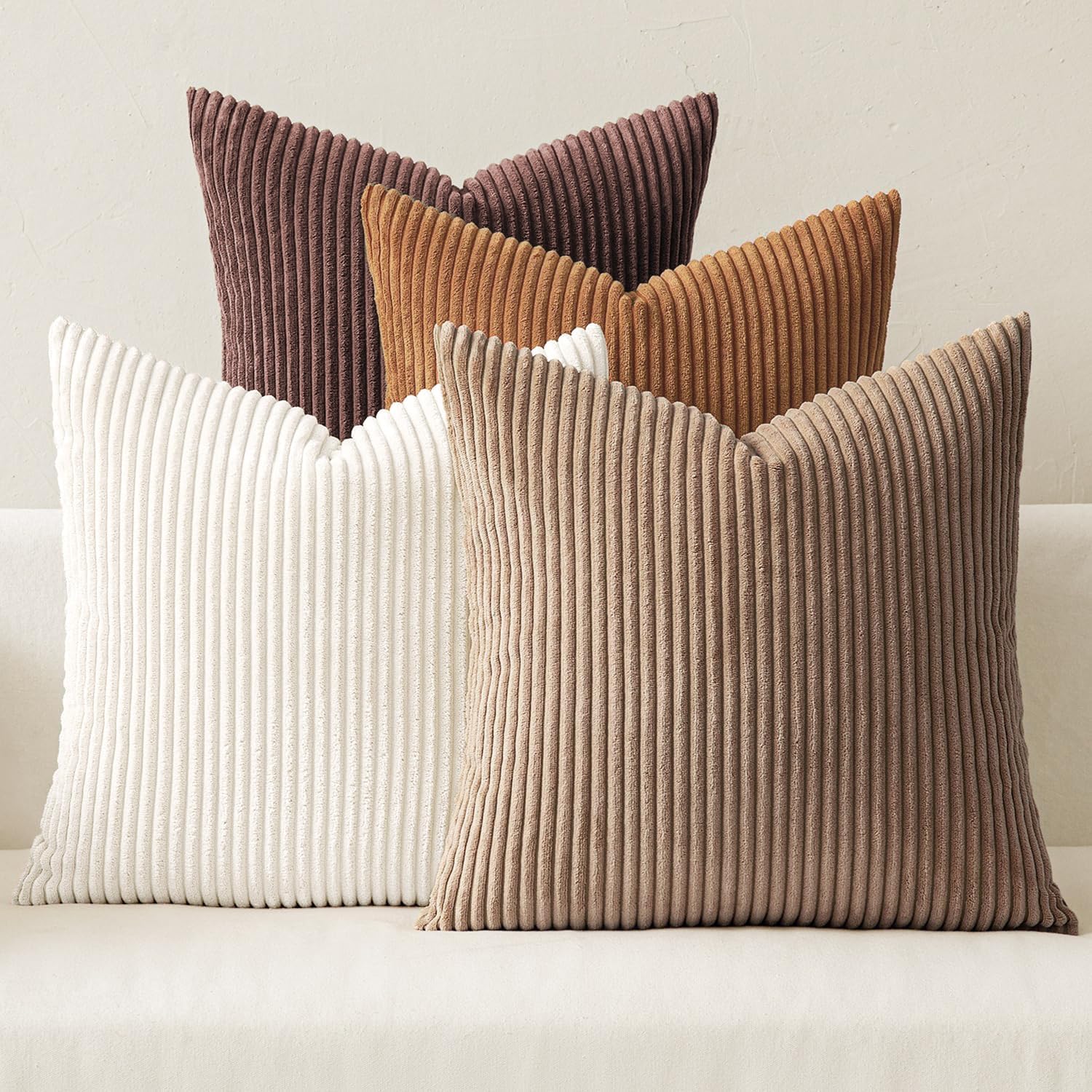 Boho Farmhouse Throw Pillow Covers 18x18 Inch Set of 4 Rustic Mordern Neutral Cushion Covers Soft Corduroy Nordic Home Decor for Couch Bed Sofa Living Room Brown