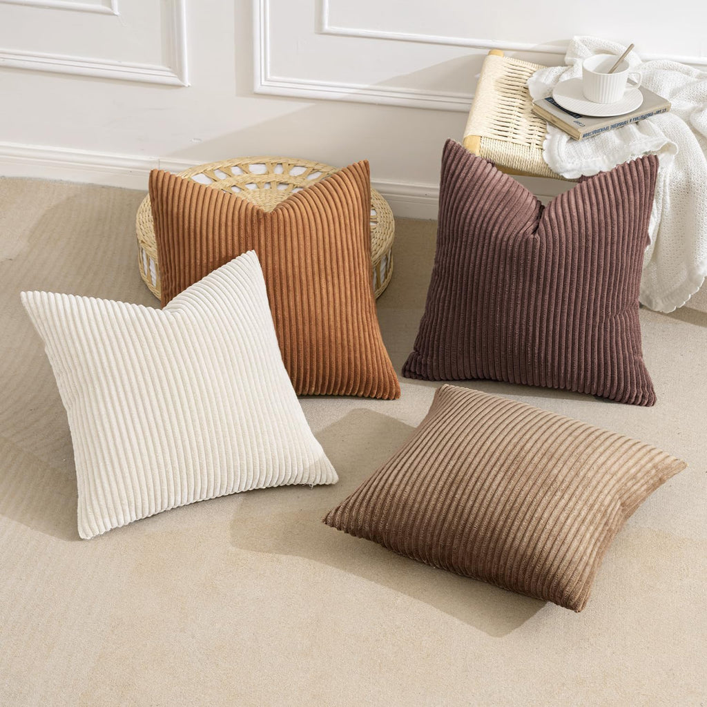 Boho Farmhouse Throw Pillow Covers 18x18 Inch Set of 4 Rustic Mordern Neutral Cushion Covers Soft Corduroy Nordic Home Decor for Couch Bed Sofa Living Room Brown