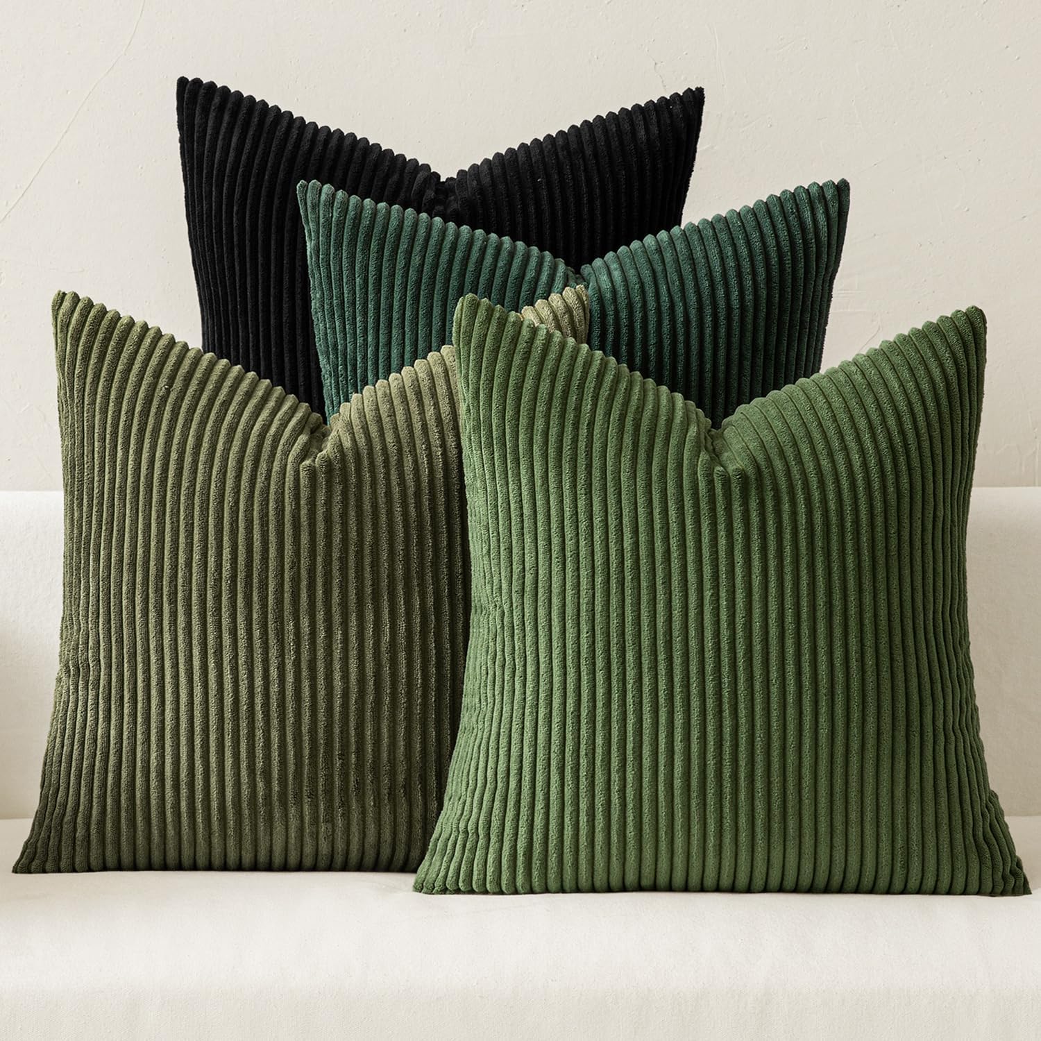 Boho Farmhouse Throw Pillow Covers 18x18 Inch Set of 4 Mordern Neutral Green Cushion Covers Soft Corduroy Nordic Home Decor for Spring Couch Bed Sofa Living Room Green-Black