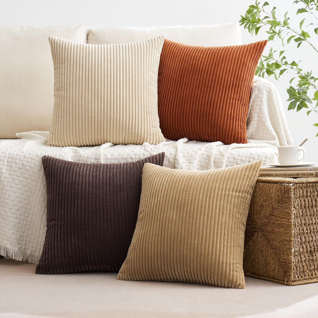 Boho Farmhouse Throw Pillow Covers 18x18 Inch Set of 4 Rustic Mordern Neutral Cushion Covers Soft Corduroy Nordic Home Decor for Couch Bed Sofa Living Room Chocolate Brown/Rust