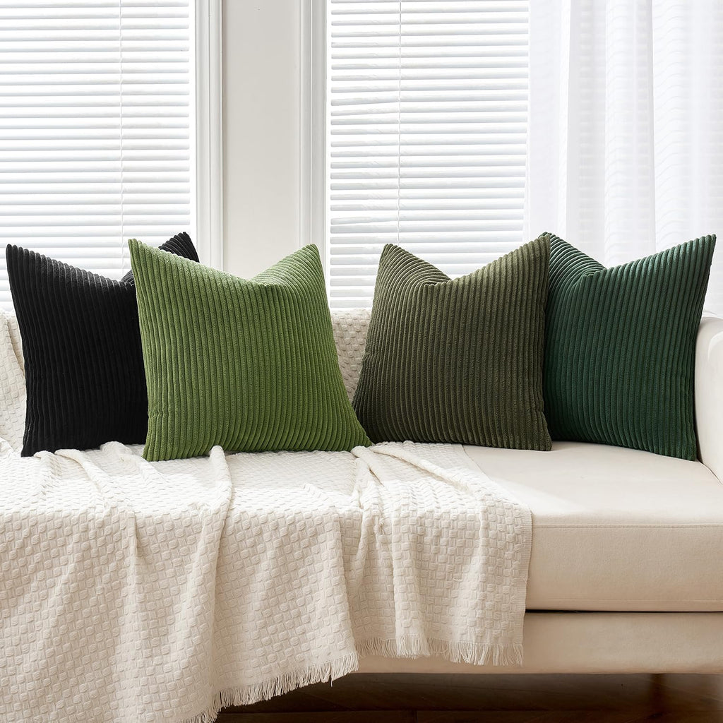 Boho Farmhouse Throw Pillow Covers 18x18 Inch Set of 4 Mordern Neutral Green Cushion Covers Soft Corduroy Nordic Home Decor for Spring Couch Bed Sofa Living Room Green-Black
