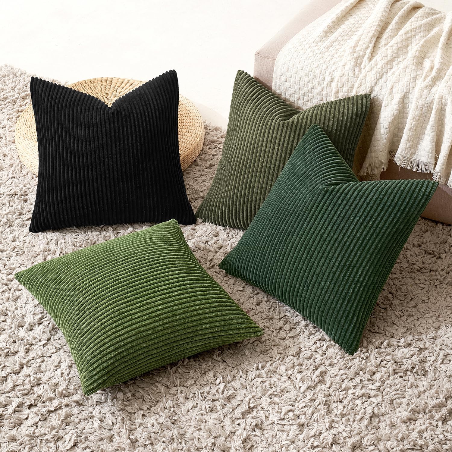 Boho Farmhouse Throw Pillow Covers 18x18 Inch Set of 4 Mordern Neutral Green Cushion Covers Soft Corduroy Nordic Home Decor for Spring Couch Bed Sofa Living Room Green-Black